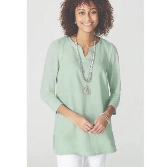 J.Jill Love Linen Long Sleeve 100% Linen Seashell Green Tunic - Picture 1 of 9